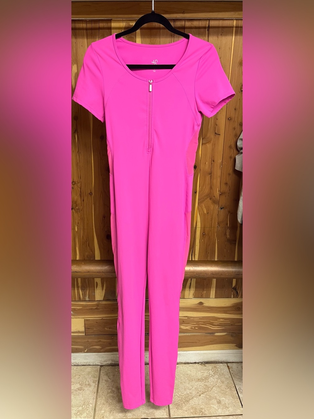 Short-Sleeve Front-Zip Hot Pink Jumpsuit